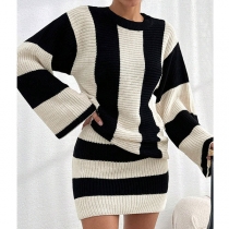 Contrast Color Two-Piece Knit Set with Striped Sweater and Matching Skirt