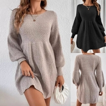 High Waist A-Line Sweater Dress with Round Neck Lantern Sleeves