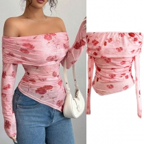 Printed Slim Fit Top with Boat Neckline and Irregular Ruffled Hem