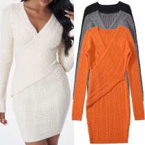 Fashion Cross V-neck Long Sleeve Cable Pattern Knitted Sweater Dress