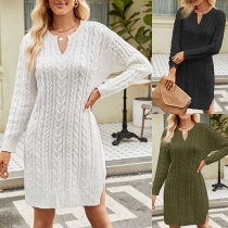 Vintage Slit V-neck Long Sleeve Cable Pattern Knitted Sweater Dress