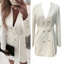 Elegant V-neck Long Sleeve Double-breasted Self-tie Dress