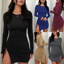 Long Sleeve Round Neck Dress with Drawstring Waist