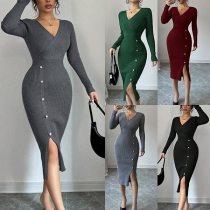 Fashion V-neck Long Sleeve Side Button Side Slit Bodycon Ribbed Dress