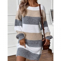 Fashion Crew Neck Sweater Dress with Contrast Striped Design