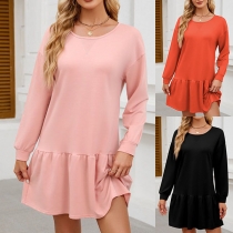 Casual Style Long Sleeve  Crossover Round Neck Dress