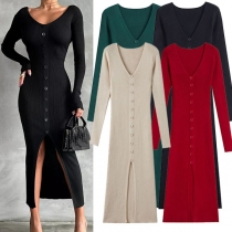 Fashion Solid Color Long Sleeve V-neck Front Button Slit Ribbed Bodycon Dress