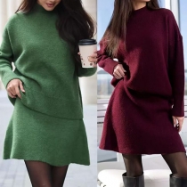 Knitted Two-Piece Suit featuring Half-High Collar Loose Top and A-Line Skirt
