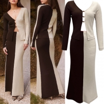 Elegant Contrast Color Two-piece Set Consist of Button Vest and Maxi Skirt