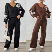 Embroidered Two-Piece Set with V-Neck Sweater and Straight Pants
