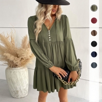 Fashion Button V-neck Long Sleeve Tiered Dress