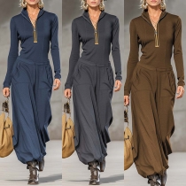 Fashion Two-piece Set Consist of Half-zipper Stand Collar Shirt and Loose Pants