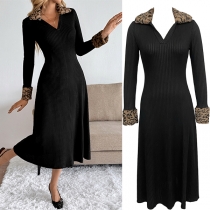 Fashion Ribbed Black Dress with Leopard Printed Collar and Cuff