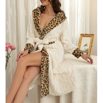 Comfy Warm Cable Pattern Leopard Printed Spliced Lapel Long Sleeve Self-tie Robe Pajamas