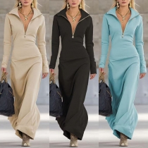 Fashion Half-zipper Stand Collar Long Sleeve Maxi Dress