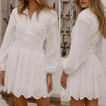 Slim Fit Short Dress with V-Neck and Buttoned Waist