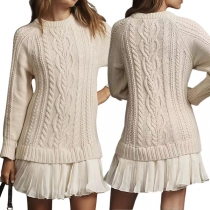 Fashion Crew Neck Long Sleeve Chiffon Spliced Pleated Hemline Cable Knitted Sweater Dress