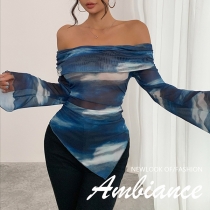 Slim-Fit Knitted Mesh Off-The-Shoulder Long-Sleeved Printed Top