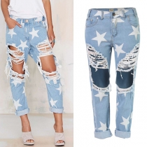 Loose Straight BF Star Print Ripped Nine-Point Jeans Trendy Hole Pants