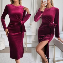 Hip-Wrapped Slim Straight Slit Velvet Maxi Party Dress
