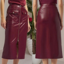 Fashion High-rise Front Zipper Slit Patch Pockets Artificial Leather PU Pencil Skirt