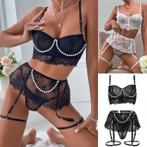 Light Lace Pearl Bow See-Through Sexy Four-Piece Lingerie Set
