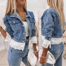 Fashion Stand Collar Long Sleeve Lace Spliced Denim Jacket