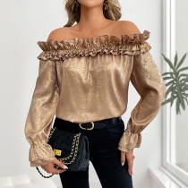 Ruffled Long-Sleeved One-Shoulder Gold Shirt