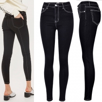 Pleated Back Jeans with High-Waisted Slim-Fit Design