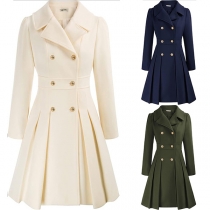 Elegant Notch Lapel Double-breasted Long Sleeve High-rise Pleated Coat