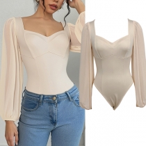 Elegant Sweetheart Neckline Gauze Spliced Long Sleeve Bodysuit