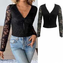 See-Through Lace Back Top with Black Deep V-Neck