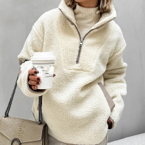 Fashion Half-zipper Stand Collar Patch Spliced Long Sleeve Plush Sweatshirt
