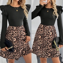 Fashion Leopard Printed Ruffle Long Sleeve Dress