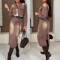 Casual Loose Denim Jacket Knee-Length Skirt Set