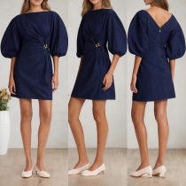 Puff Sleeves Boat Neck Twisted Metal Buttons Faux Denim Dress