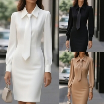 Elegant Stand Collar Long Sleeve Bodycon Dress with Tie