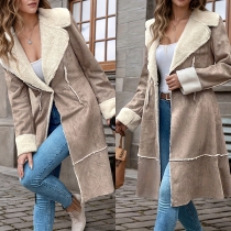 Vintage Notch Lapel Long Sleeve Plushed Lined Suede Jacket