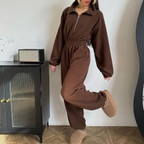 Casual Long-Sleeved Half-Opening Elastic Waist Jumpsuit