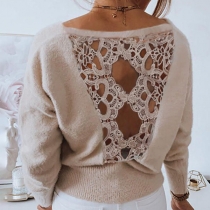 Lace Back Panelled Hollow Open Back Knitted Pullover Sweater