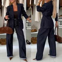 Wide-Leg Straight-Leg Denim Floor-Length Jumpsuit
