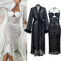 Fashion Two-piece Lace Nightwear Set Consist of Haterneck Bodycon Nightwear Dress and Robe