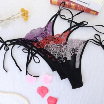 Sexy Lace Embroidery Lace-Up Transparent See-Through Mesh Thong T-Pants
