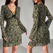 Elegant Floral Printed V-neck Flared Long Sleeve Mini Dress