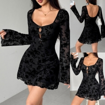 Sexy Floral Jacquard Square Neck Long Sleeve Front Cutout Bowknot Mini Dress