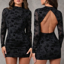Fashion Floral Jacquard Crew Neck Long Sleeve Backless Bodycon Dress