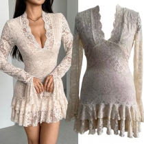 Elegant V-neck Trumpet Long Sleeve Ruffle Hemline Lace Dress