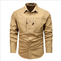 Fashion Solid Color Stand Collar Long Sleeve Patch Pockets Front Button Blouse for Men