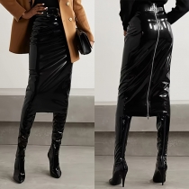 Fashion High-rise Back Zipper Artificial Leather PU Pencil Skirt