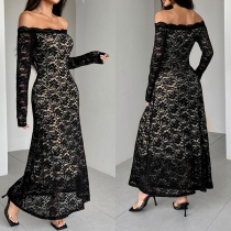 Elegant Off-the-shoulder Long Sleeve Floral Jacquard Lace Maxi Party Dress